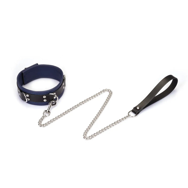 Cerulean Dominion Blue Leather Collar with Chain Leash by Liebe Seele