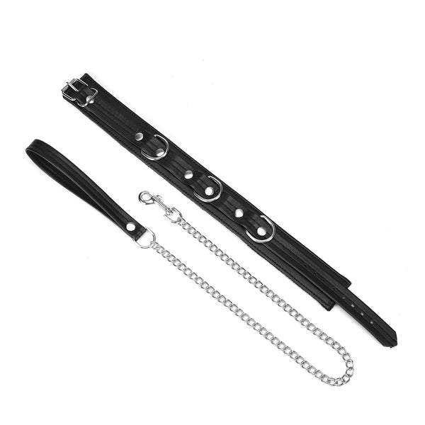 Black Bond Leather Collar with Soft Lining and Chain Leash by Liebe Seele