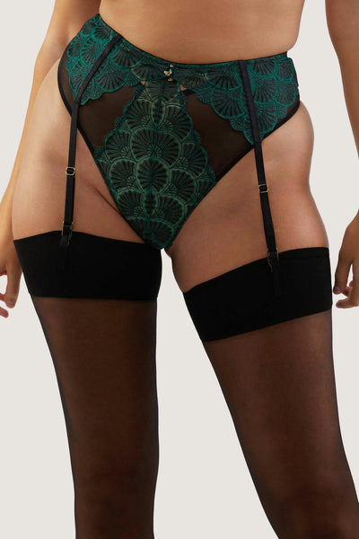 Last  Chance To Buy! Mia - Black and Jade Deco Embroidery Suspender Belt