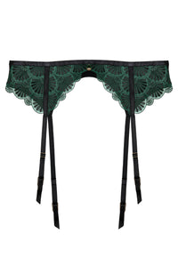 Last  Chance To Buy! Mia - Black and Jade Deco Embroidery Suspender Belt