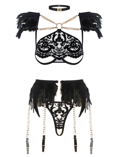 Black Angel Ouvert Thong, Halter Bra & Belt Set