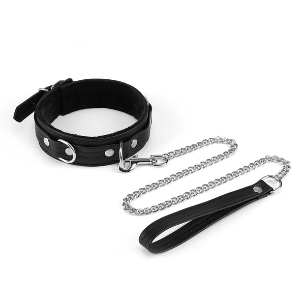 Black Bond Leather Collar with Soft Lining and Chain Leash by Liebe Seele