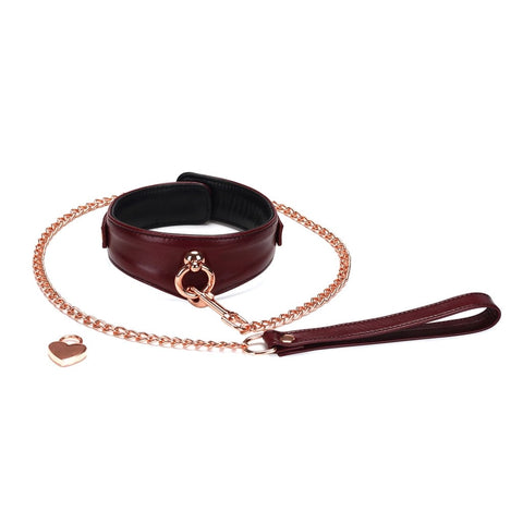 Leather Wine Red Deluxe Curved Collar with Leash and Lock by Liebe Seele