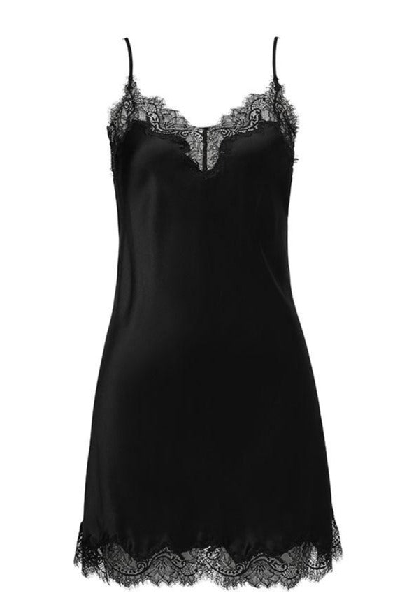 Sainted Sisters Silk Eyelash Lace Chemise Slip in Noir/Black