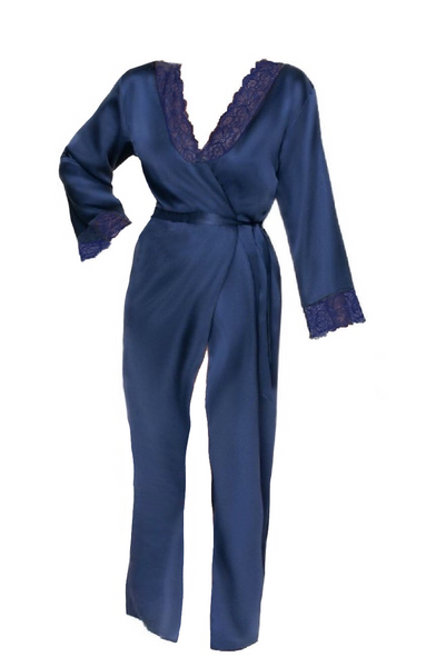 Raven Silky Satin Robe In Navy