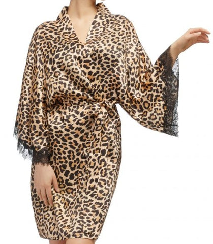 Sainted Sisters Silk & Eyelash Lace Kimono Robe in  Leopard