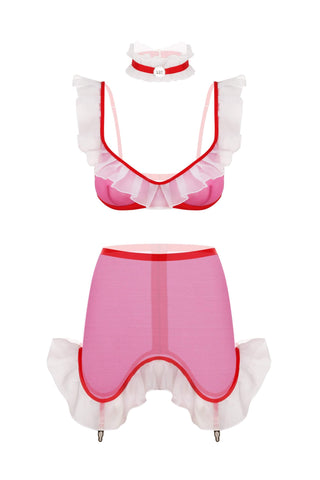 Maid in Pink & Red Heaven Bra, Girdle & Collar Set