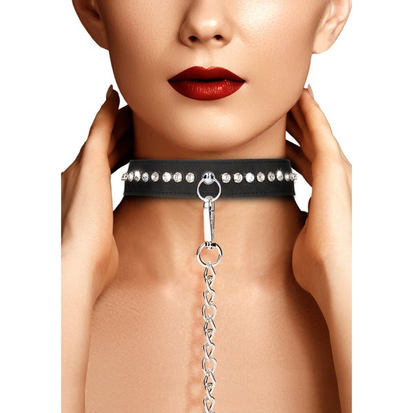 Diamond Studded Vegan Collar With Leash