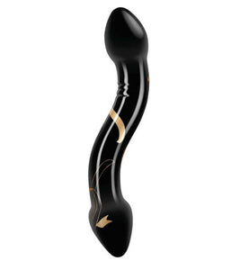 Handblown Glass Double Curvy Dildo Black Gold