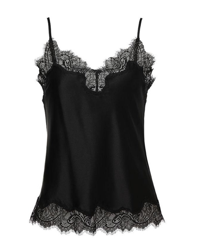 Sainted Sisters Silk Eyelash Lace Cami in Noir/Black