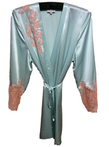Pale Aqua Silk Robe with Vintage Peach Lace Applique by Marjolaine