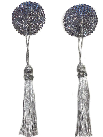 Small Round Silver Crystal Pasties with Detachable (Silver Tassel)