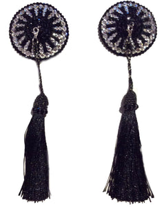 Round Black & Silver Crystal Pasties with Detachable (Black Tassel)