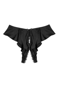 Black Satin and Lace Trim Crotchless Brief